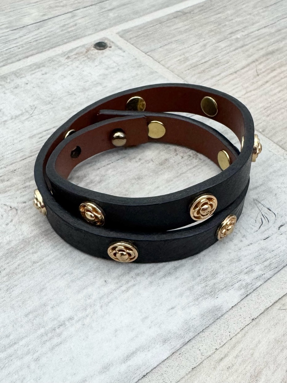 Stella & Dot Black Leather Gold Accents Double Wrap Bracelet